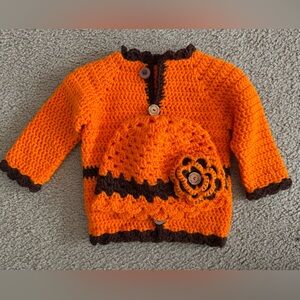 Orange and Brown Crochet Baby Sweater and hat for 18 months